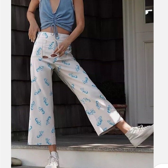 ANTHROPOLOGIE MAEVE Lobster Print Wide Leg Crop Pants! Cream shade Blue Lobster - Picture 7 of 14